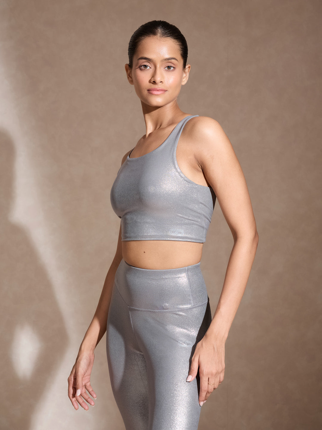 Shop-Gloss Shiny Grey High Impact Action Bra and Ath Track Leggings