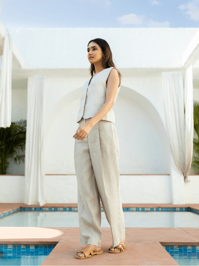 Shop-Beige Linen Waistcoat & Trousers