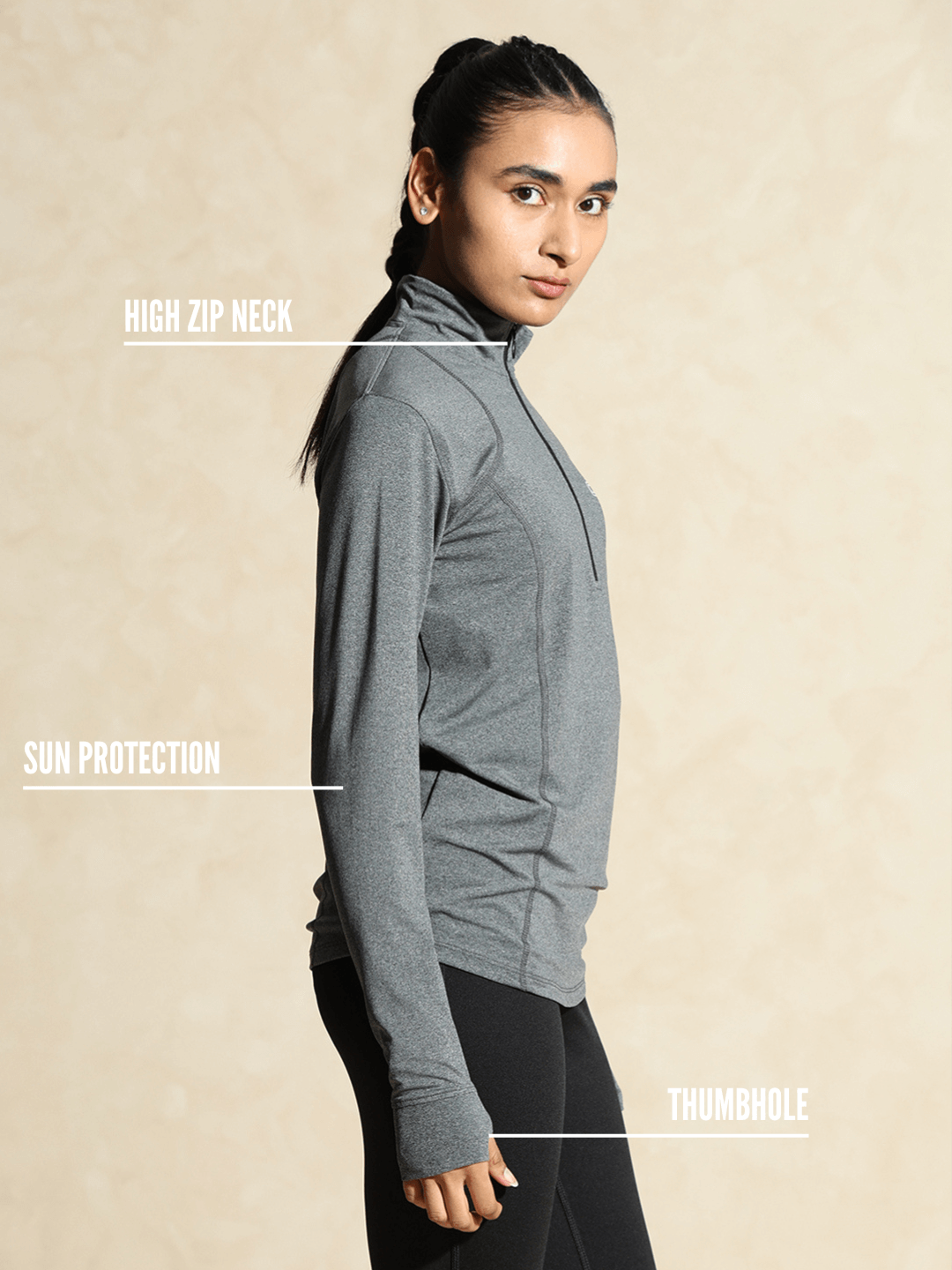 Shop-Women's Ath Runner Zip Neck Dark Grey Melange
