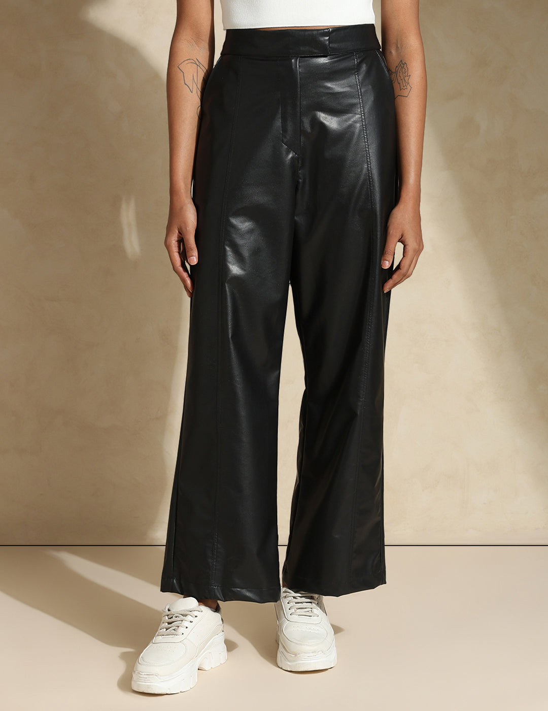 Leather Straight Fit Trousers Black
