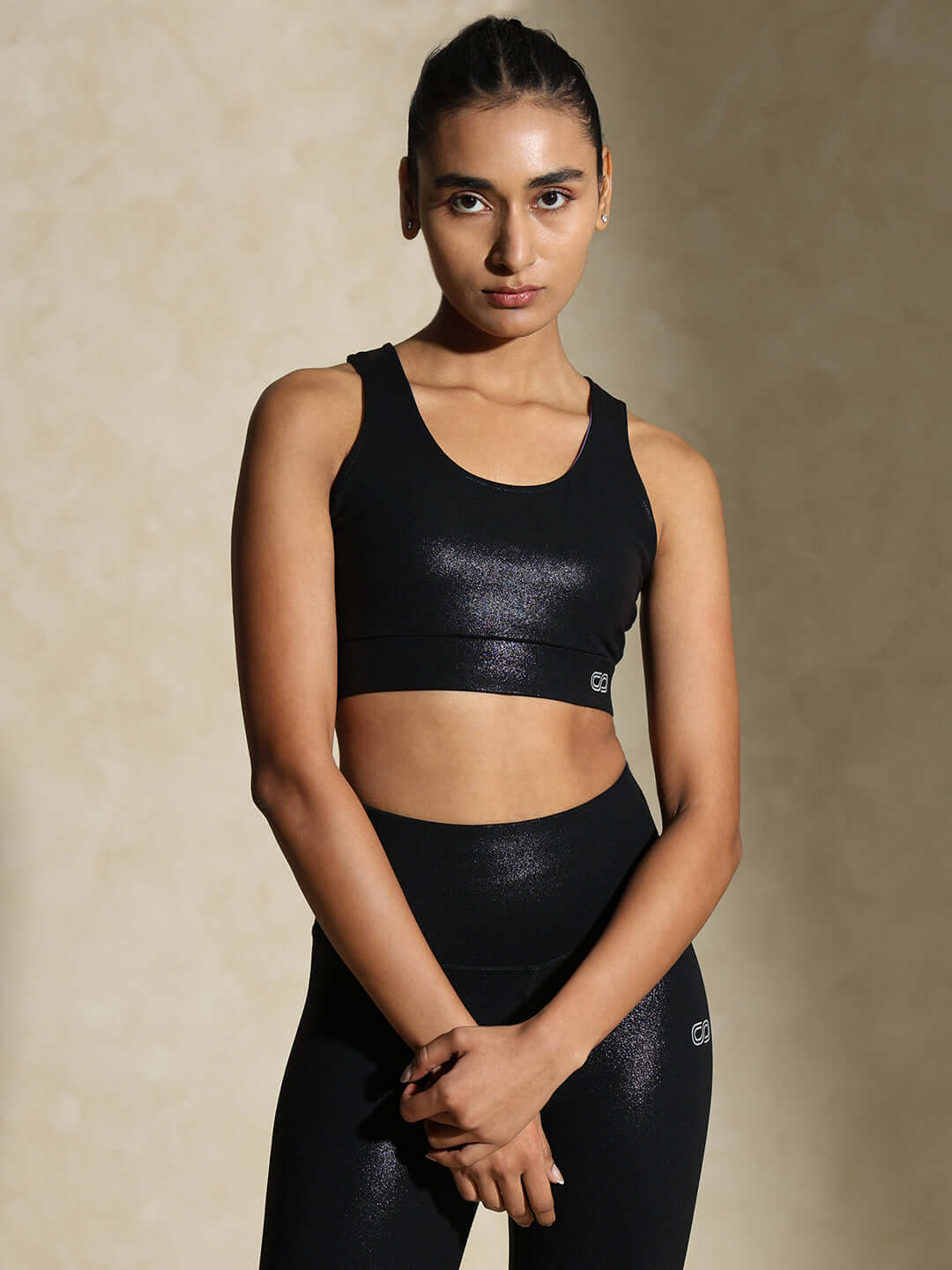 Shop-Gloss Shiny Black High Impact Action Bra and Ath Track Leggings