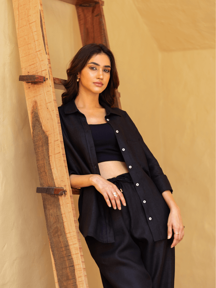 Shop-Black Linen Shirt & Tapered Pants