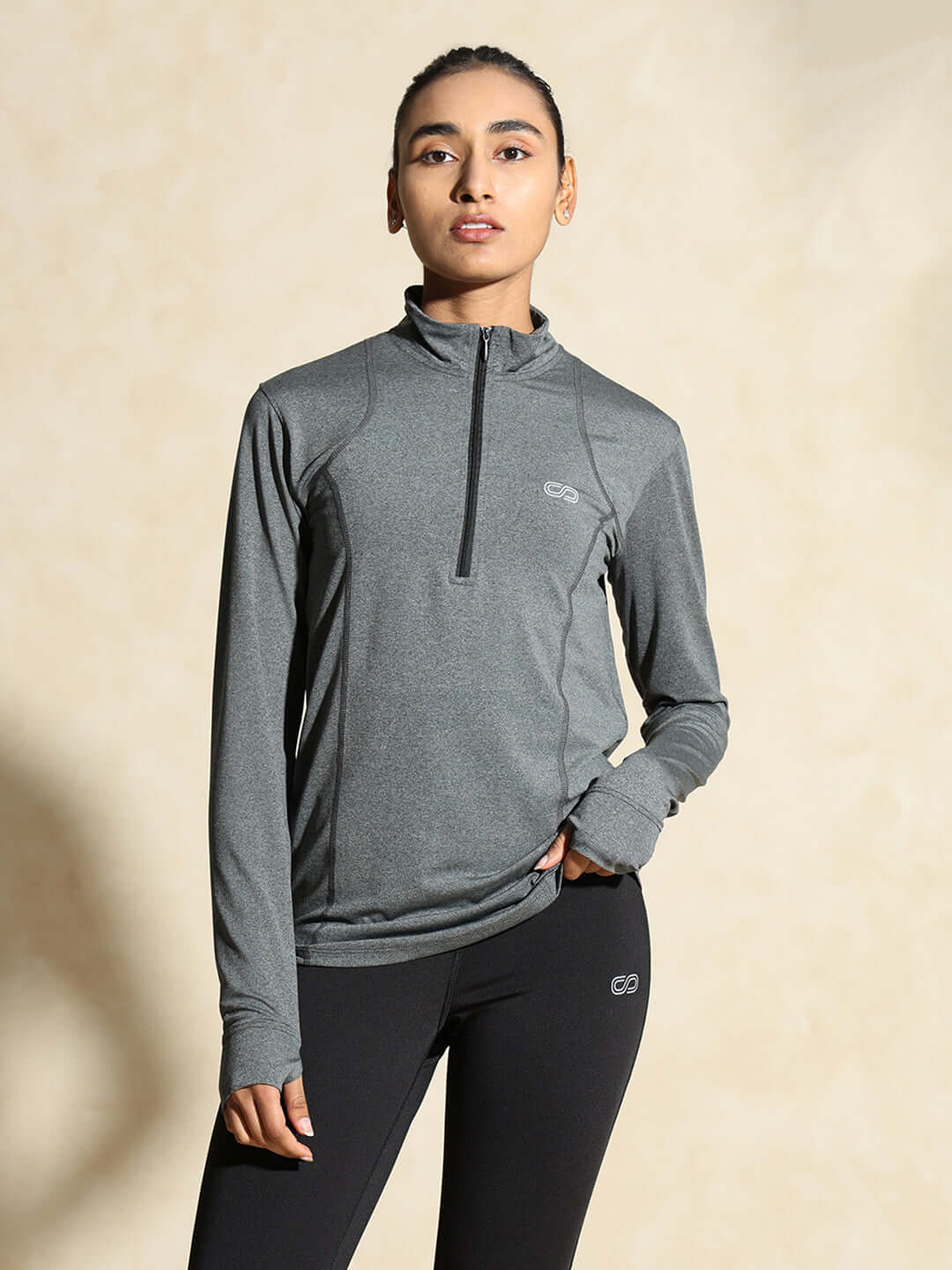 Shop-Women's Ath Runner Zip Neck Dark Grey Melange