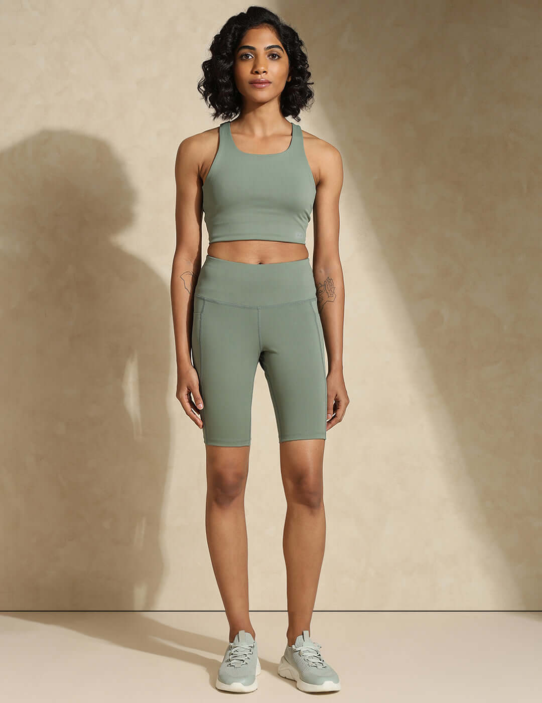 Shop-Light Sage High Impact Action Bra With Clasp & Aura Cycling Shorts