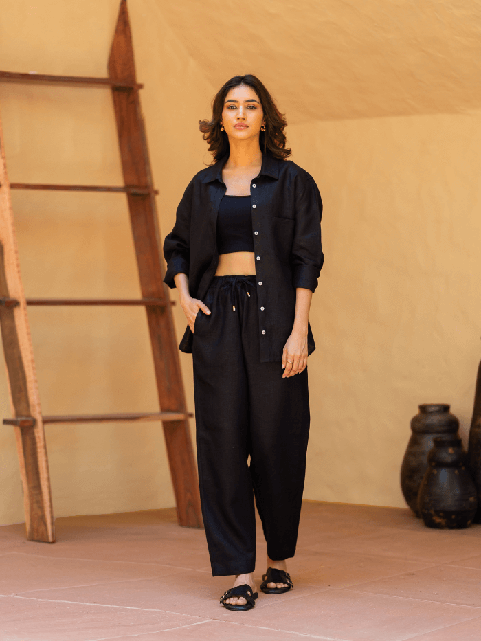 Shop-Black Linen Shirt & Tapered Pants