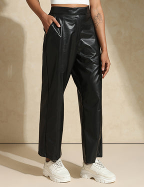 Leather Straight Fit Trousers Black