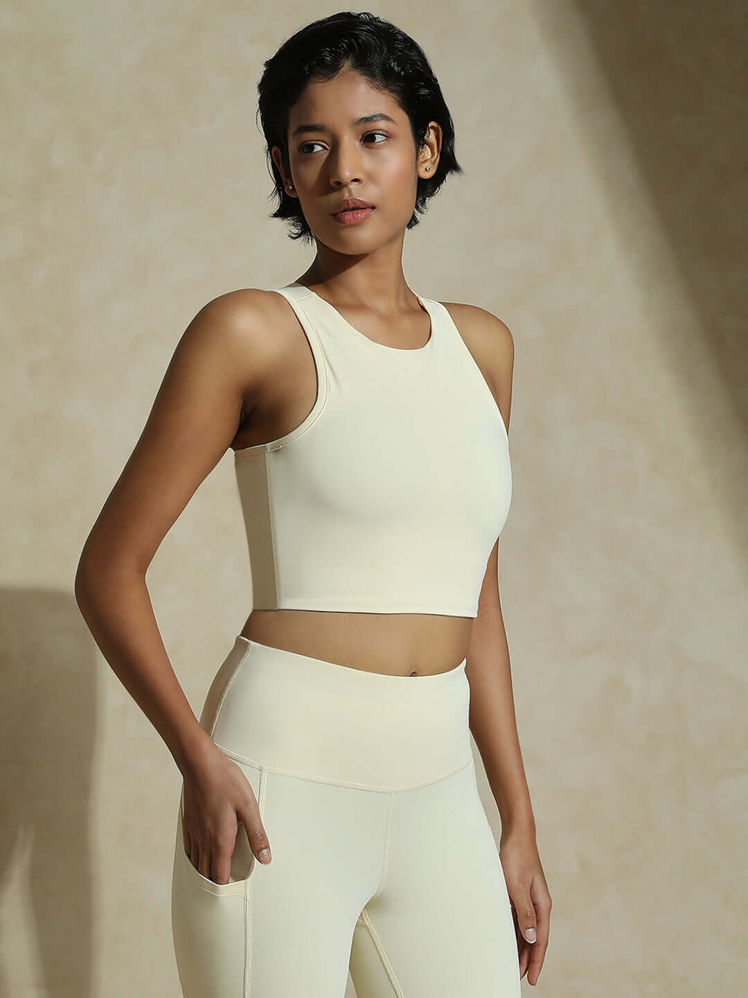 Shop-Ecru Keyhole Back Crop Top with Clasp & Aura Leggings