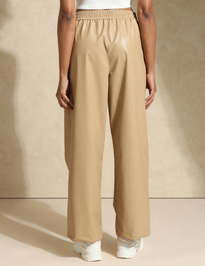 Leather Straight Fit Trousers Beige