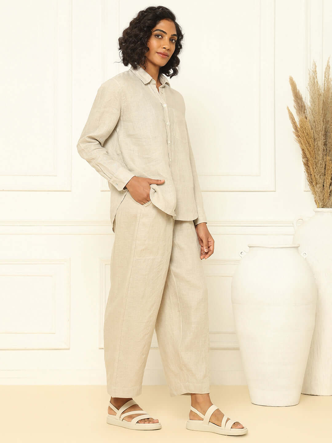 Shop-Beige Linen Shirt & Tapered Pants