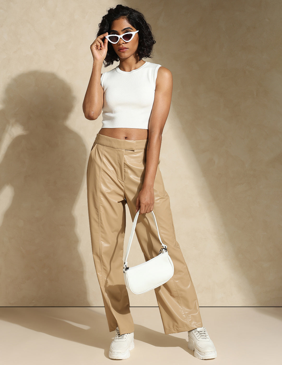 Leather Straight Fit Trousers Beige