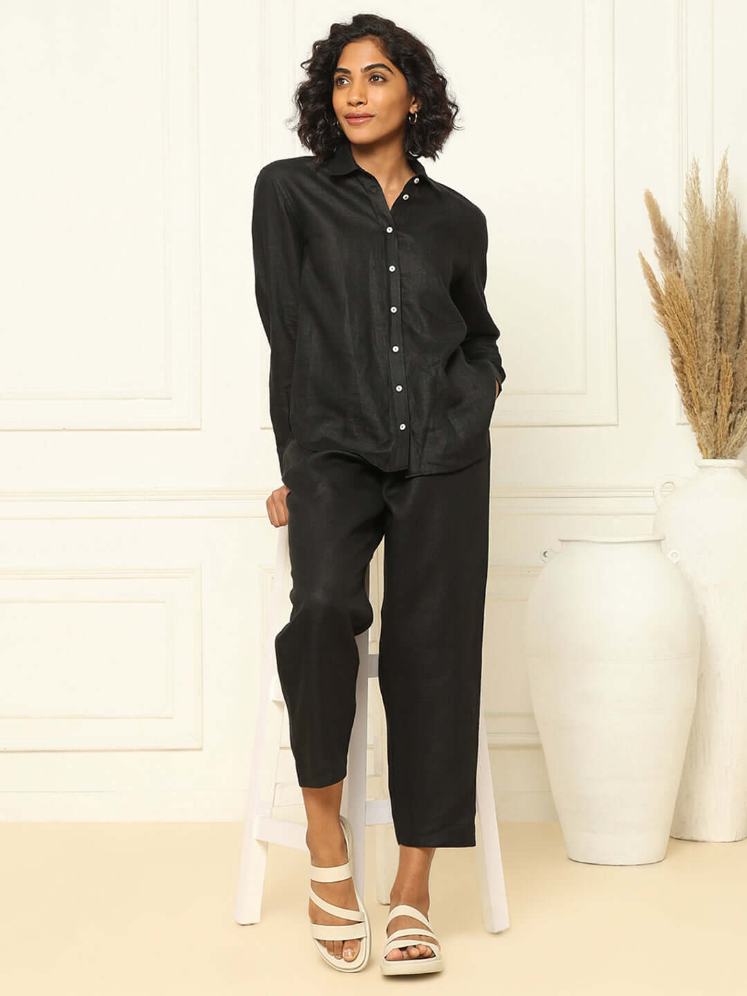 Shop-Black Linen Shirt & Tapered Pants