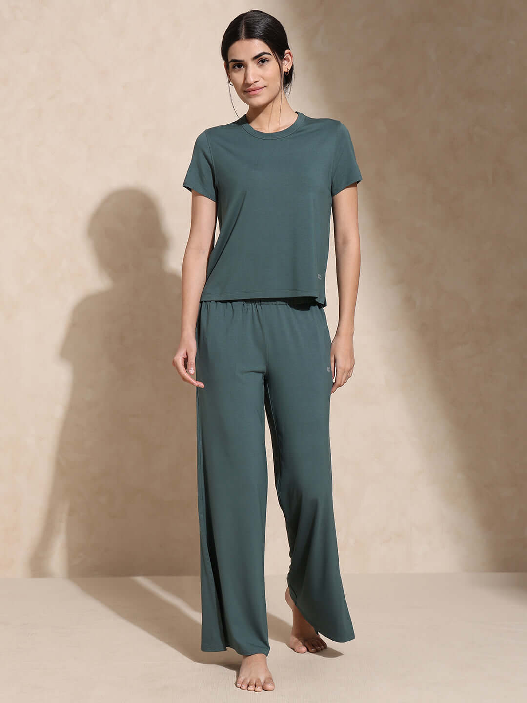 Shop-Zen Tee & Lounge Pants with Slit Pine Green