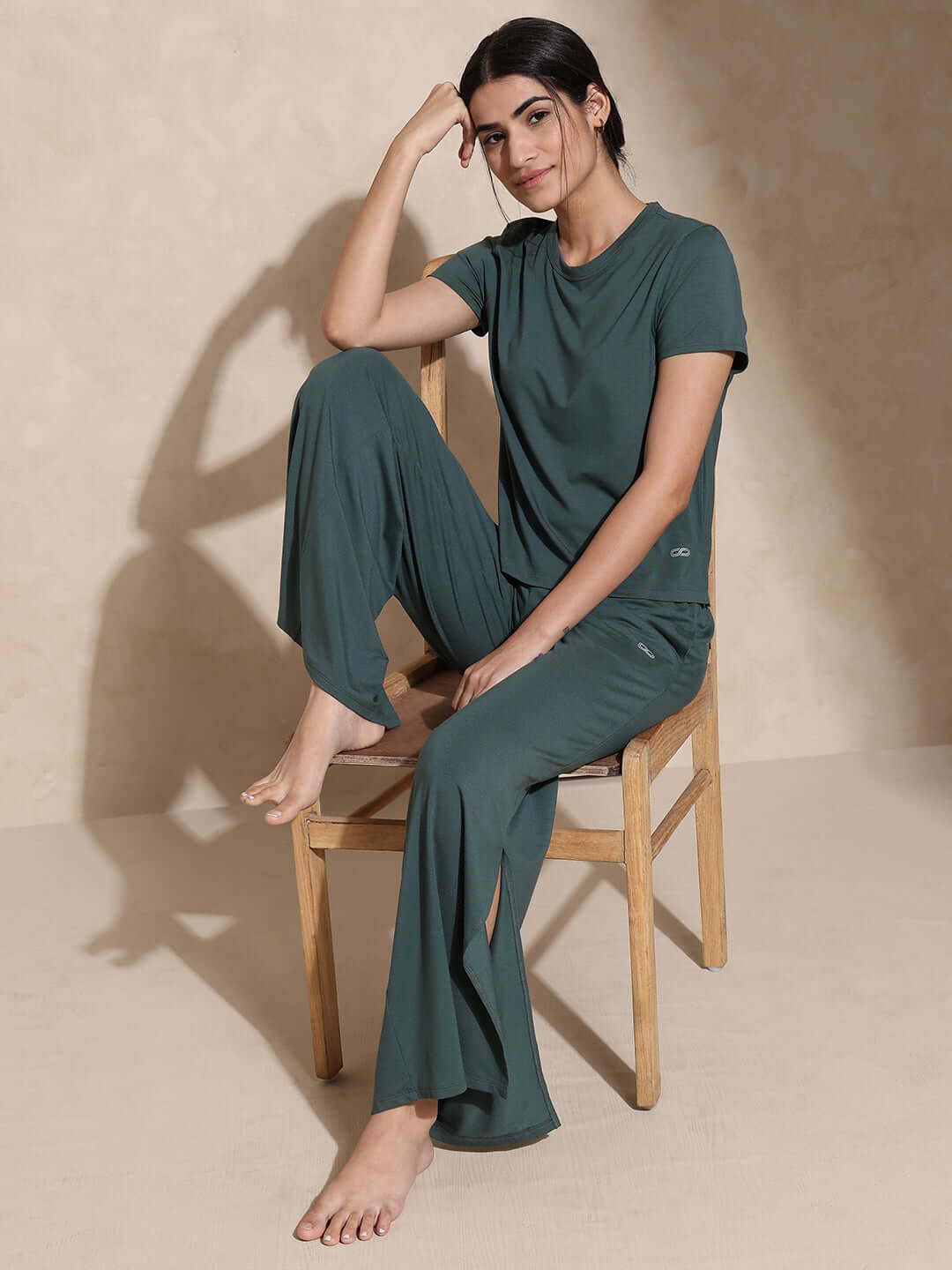 Shop-Zen Tee & Lounge Pants with Slit Pine Green