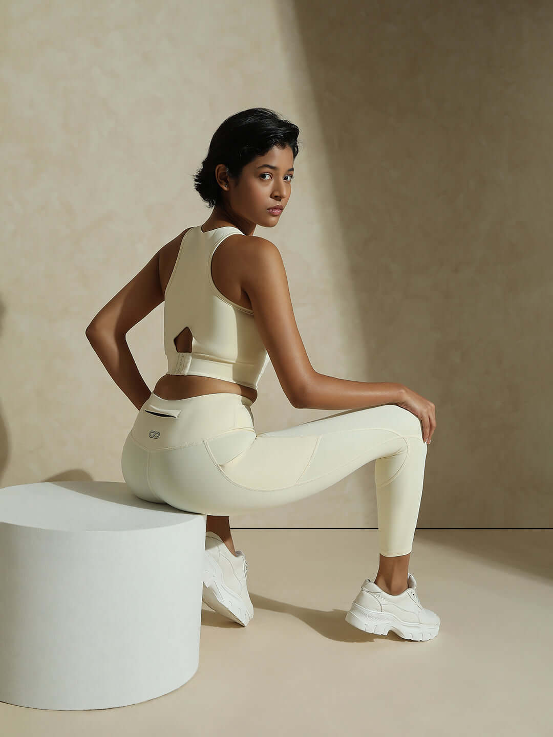 Shop-Ecru Keyhole Back Crop Top with Clasp & Aura Leggings