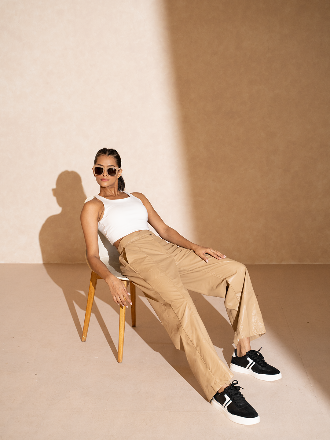 Shop-Leather Straight Fit Trousers Beige