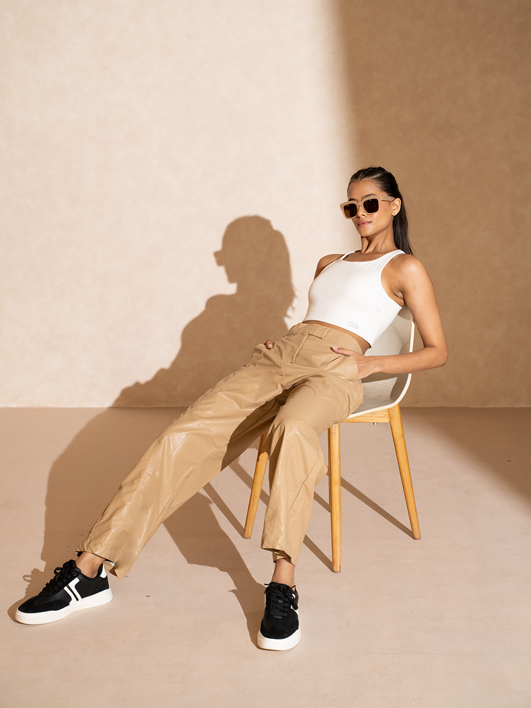Shop-Leather Straight Fit Trousers Beige