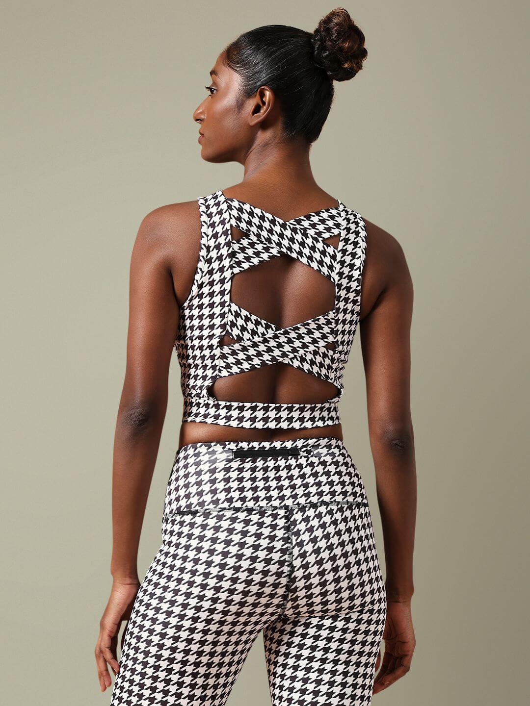 Padded Cross Back Crop Top Houndstooth