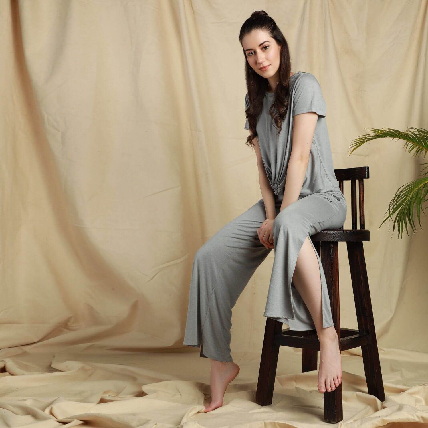Modal Lounge Pants With Slit Grey Melange-Lounge Pants-Silvertraq-Silvertraq