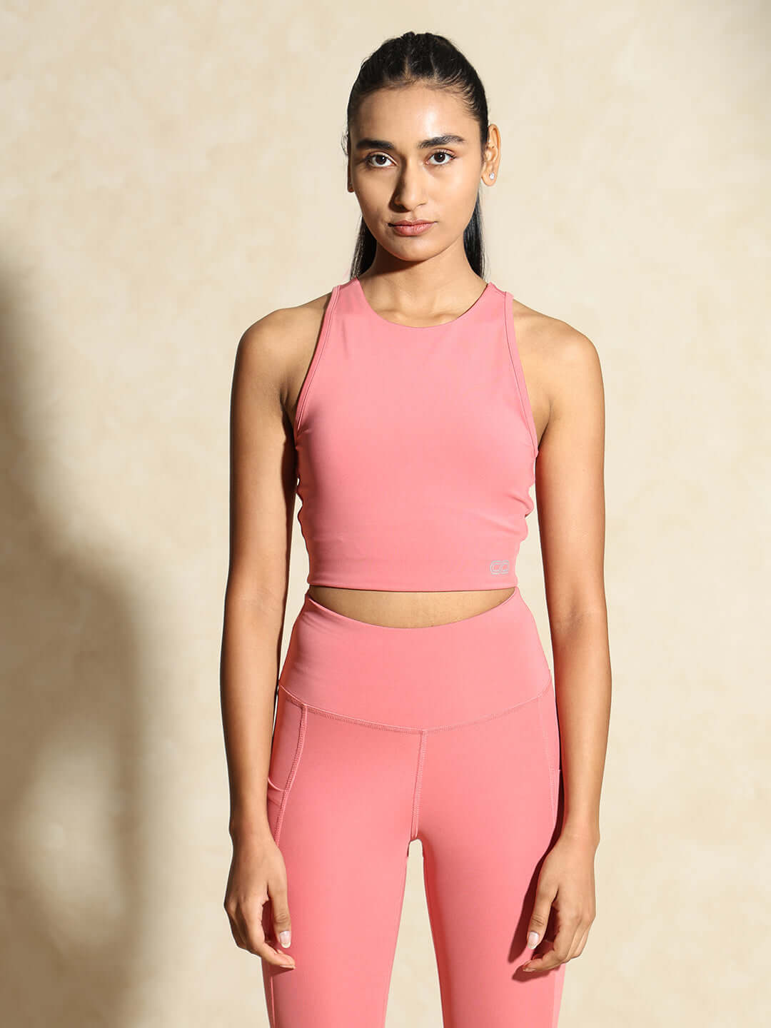 Shop-Peony Pink Keyhole Back Crop Top with Clasp & Aura Leggings