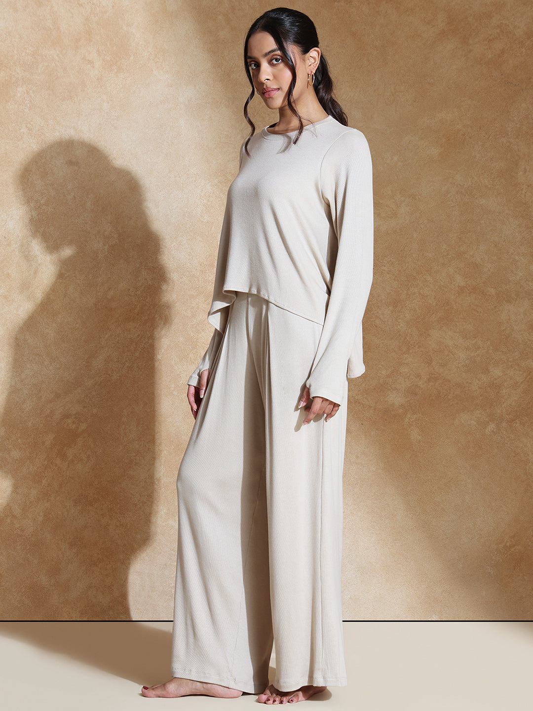 TraqSoft Rib Long Sleeve Tee & Pleated Pants Oat