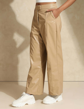 Leather Straight Fit Trousers Beige