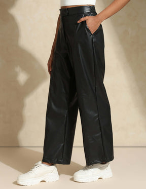 Leather Straight Fit Trousers Black