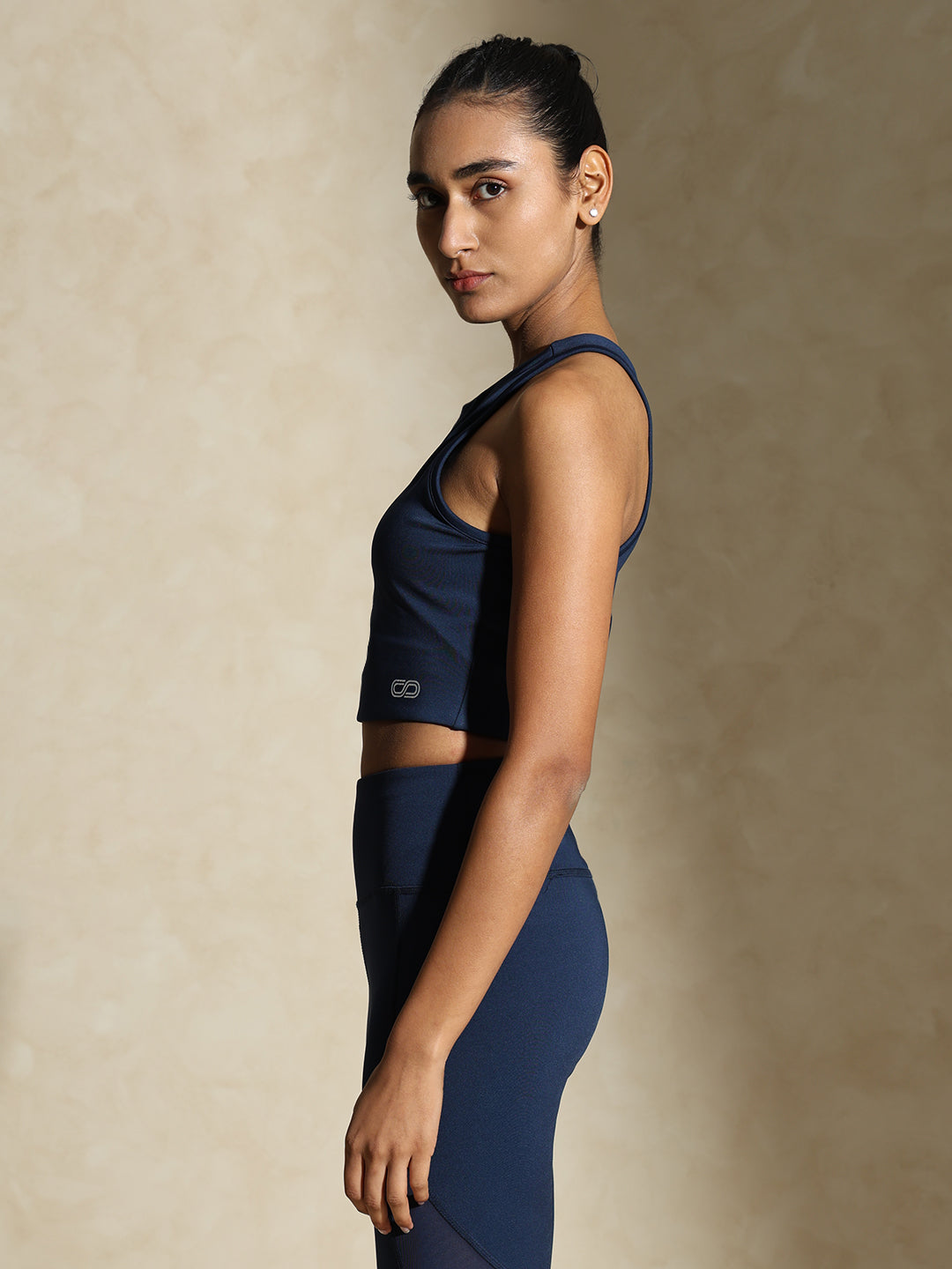 Navy Keyhole Back Crop Top with Clasp & Champion Leggings