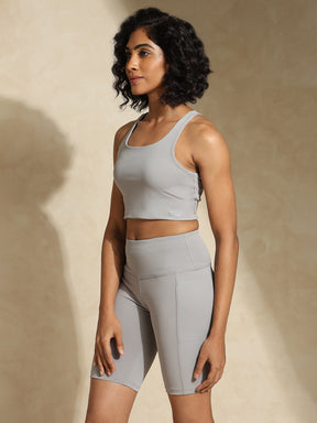 Cloud Grey High Impact Action Bra With Clasp & Aura Cycling Shorts