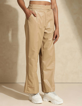 Leather Straight Fit Trousers Beige