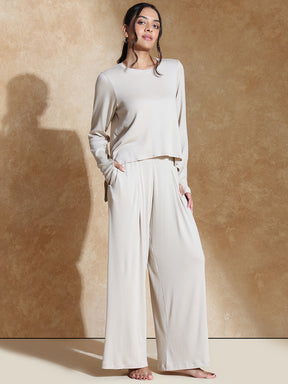 TraqSoft Rib Long Sleeve Tee & Pleated Pants Oat