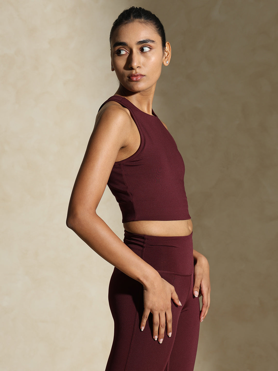 Plum Keyhole Back Crop Top with Clasp & 7/8 Leggings