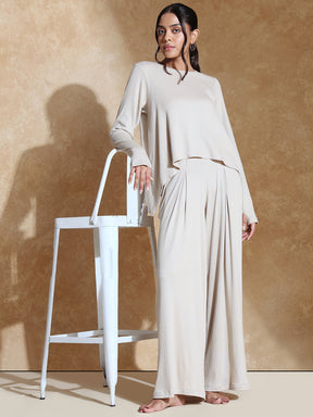 TraqSoft Rib Long Sleeve Tee & Pleated Pants Oat
