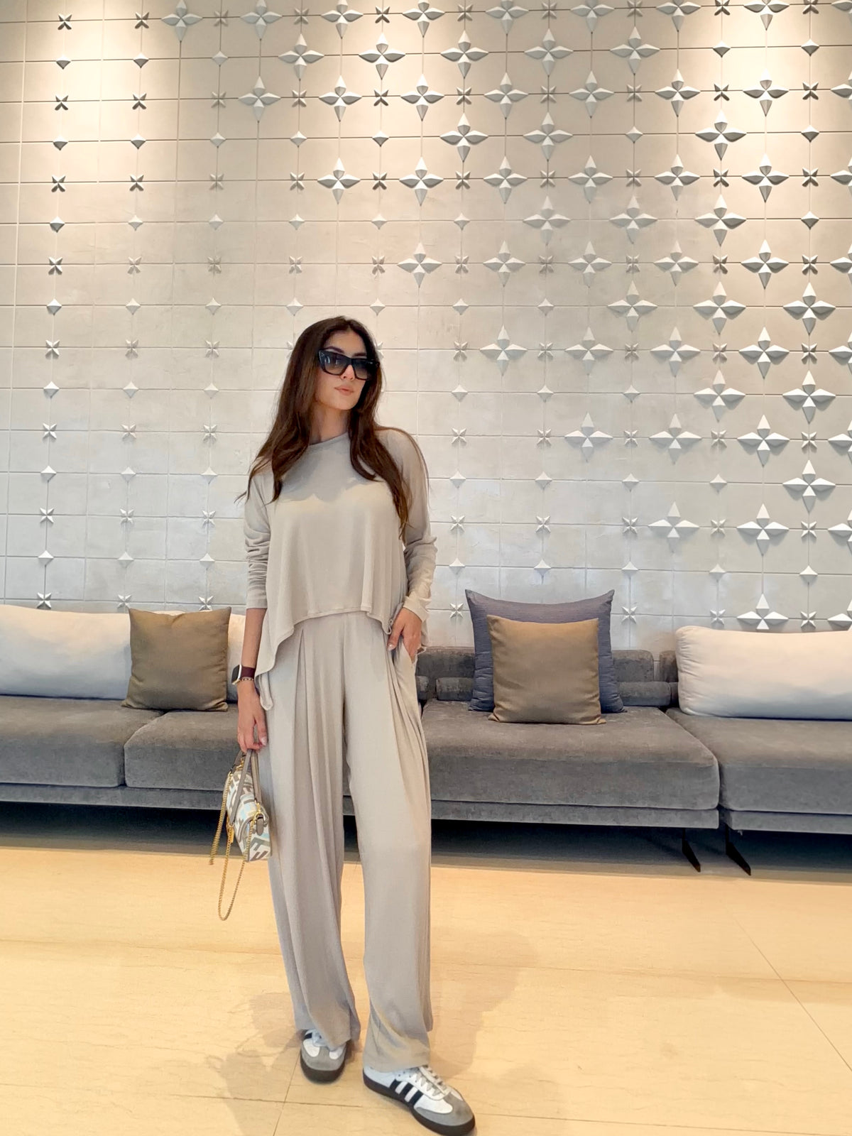 Shop-TraqSoft Rib Long Sleeve Tee & Pleated Pants Oat
