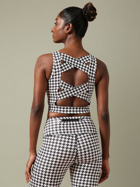 Padded Cross Back Crop Top Houndstooth