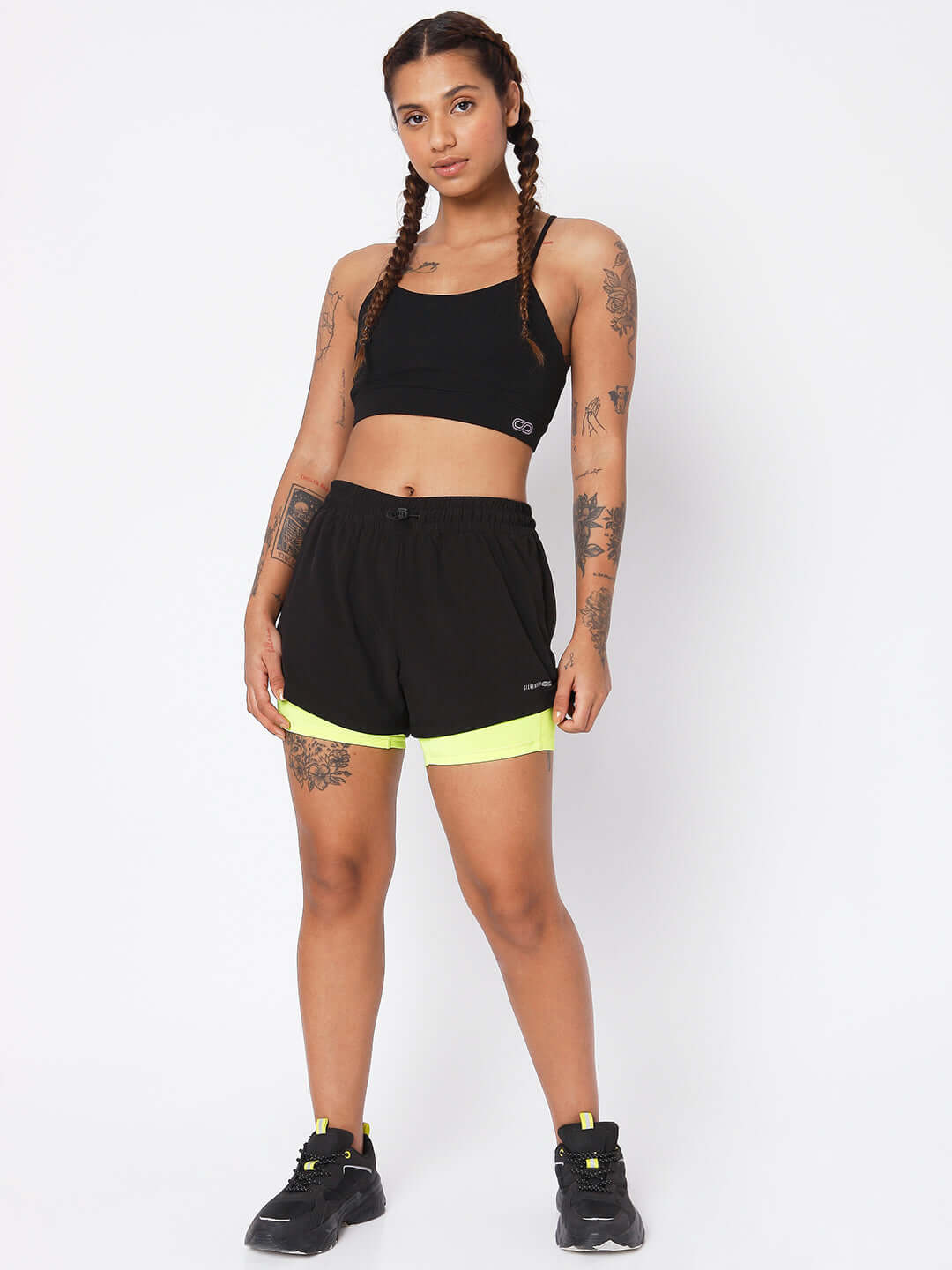 Black Safety Yellow Shorts & Crossback Luxe Bralette